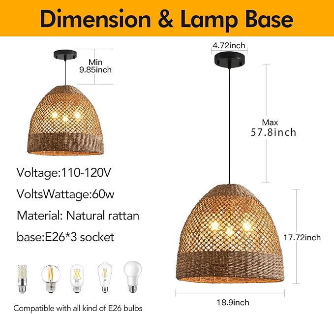 19” Large Rattan Pendant Light Fixture,3 Light Boho Handmade Woven Wicker Rattan Ceiling Farmhouse Chandelier for Kitchen Island Dining Rooms, Corridors, and Entrance Halls.