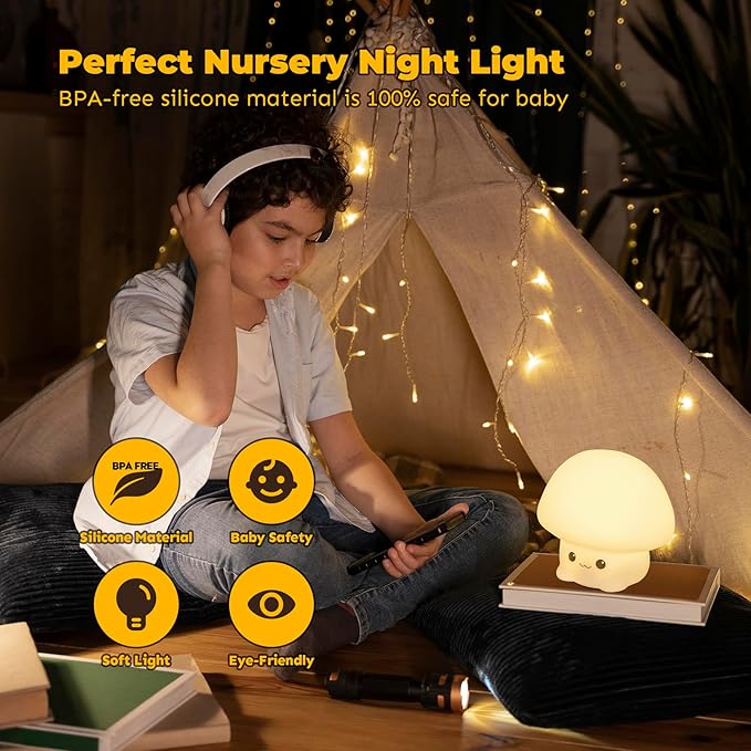 Adorable LED Squishy Animal Night Light - 2 Level Dimmable Nursery Lamp for Kids, Rechargeable Touch Lamp, Cute Dorm Decor - Perfect Baby Boys Girls Gift (Cartoon Mushroom)