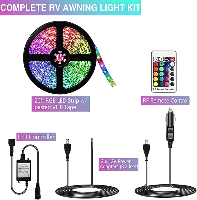 RV Awning Lights,Camper RV Awning LED Light Strip,12v 20FT Exterior LED Awning Lights for RV Canopy Motorhome Travel Trailer,Waterproof RV Exterior Underglow Light Strip for Lighting Party,12v DC,RGB