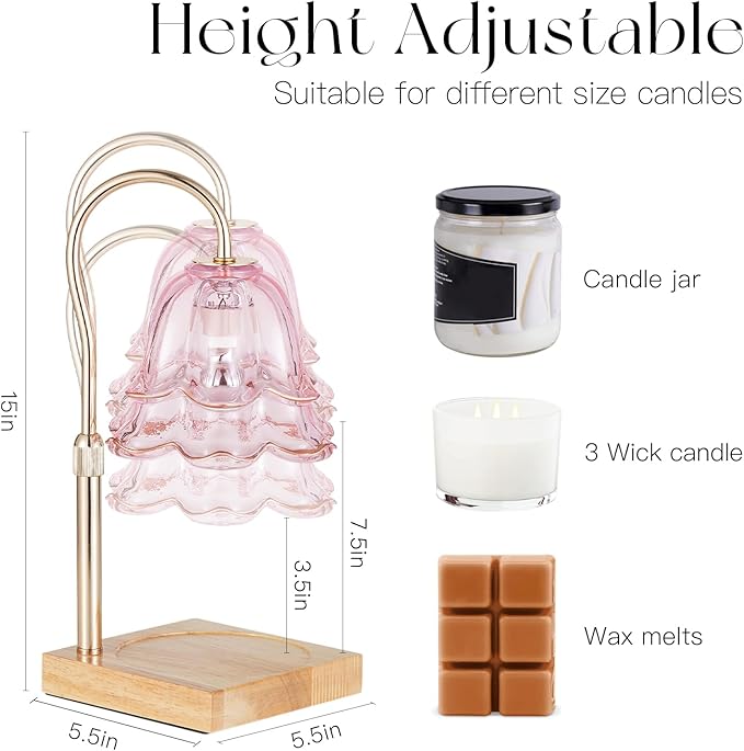 Candle Warmer Lamp with Timer: Pink Flower Candle Warming Lamp with 2 Bulbs Height Adjustable Wax Warmer Dimmable Bedroom Mothers Day Decor Gift for Women