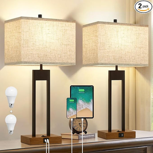 GyroVu 25.5'' Set of 2 Modern Bedroom Table Lamps with USB C+A Ports, 3 Color Changeable, Brown Night Stand Lamps for Bedside, Guest Room, Office, Reading