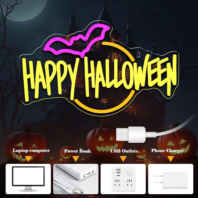 Happy Halloween Neon Sign Bat LED Light Up for Bedroom Home Bar Halloween Decor Trick or Treat Party Backdrop USB Powered