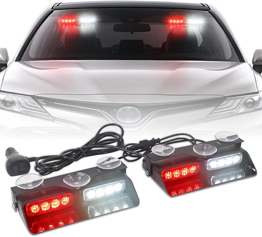 XRIDONSEN 2 in 1 Emergency Dash Lights Red White Volunteer Firefighter Lights Warning Hazard Safety Flashing Law Enforcement Responder Front/Rear Windshield Strobe w/Suction Cups for Vehicles Trucks