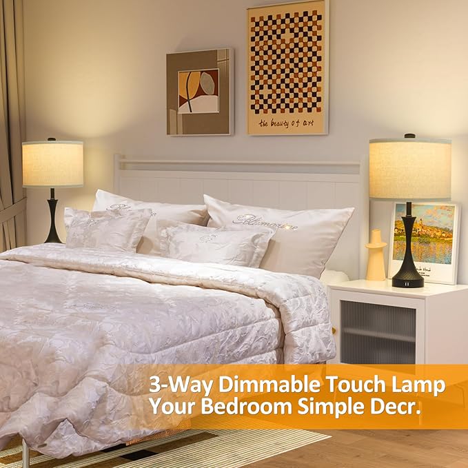 26" Black Touch Table Lamps for Living Room, Modern Farmhouse Touch Lamps for Night Stands Set of 2 with USB Ports, 3 Way Dimmable Bedside Lamps for Bedroom Side Table