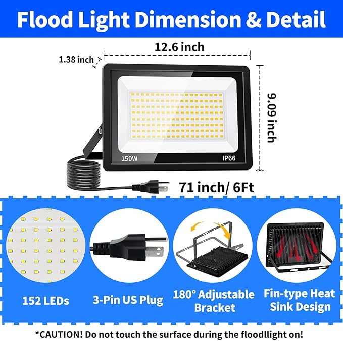 150W LED Outdoor Flood Lights with Plug, 18000lm Bright Work Light with 6ft Cord, 5000K Daylight White Exterior Floodlight, IP66 Waterproof Security Light Yard Lights for Garage Stadium 2 Pack