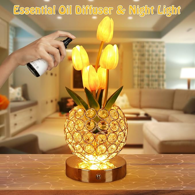 Birthday Gifts for Women Mothers Day Gifts/ for MomTable Lamp, 3 Color Crystal Flower Bedside Lamps Infinitely Dimming with USB Charge Small Night Light,Nightstand Touch Lamp for Bedroom (pink-tulip)