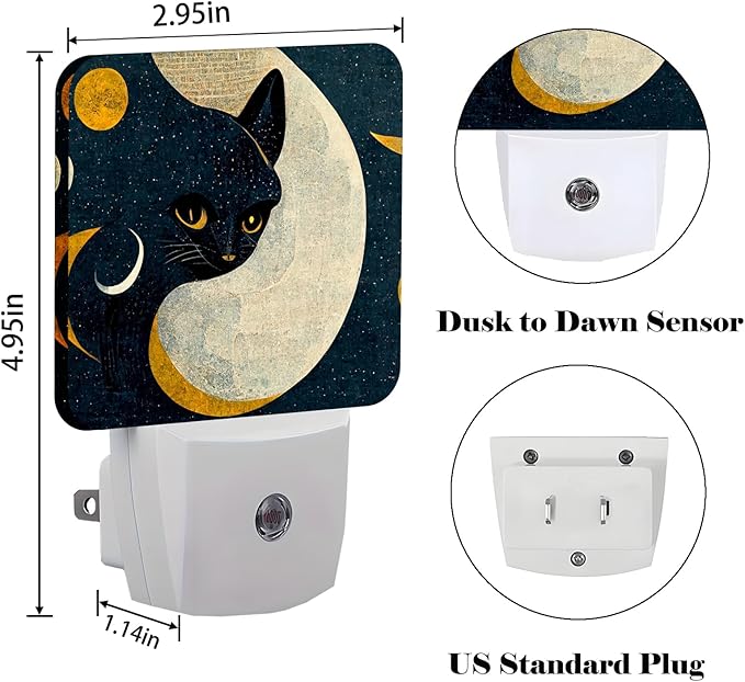 Black Cat Moon Night Light,Plug Into Wall for Boys Girls Bedroom Decorative Square Night Light Lamp 0.5w Sleep Friendly