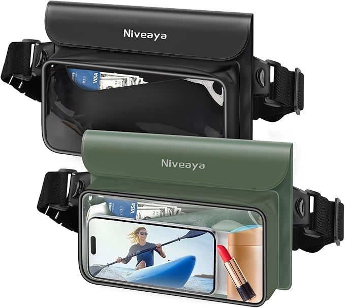 Niveaya IP68 Waterproof Fanny Pack - 2 Pack, Floating Dry Bag Pouch, Phone Waterproof Waist Pouch Dry Bag, Beach, Kayaking, Swimming, Boat Essentials, for iPhone 17/16/15/14/13/12 Pro Max up to 9.5"