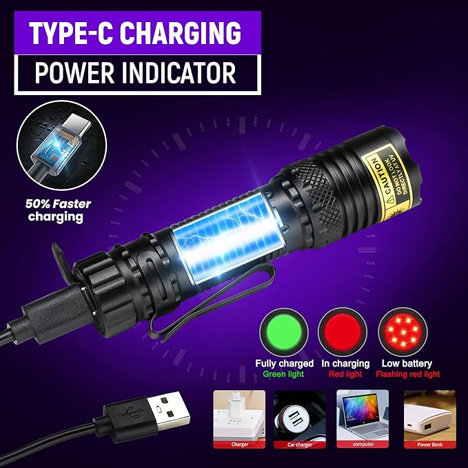 DARKDAWN UV Flashlight 395nm Black Light Mini USB Rechargeable Ultraviolet LED Blacklight Woods Lamp Powerful Portable Detector for Pet Urine Stains, Scorpions, Resin Curing