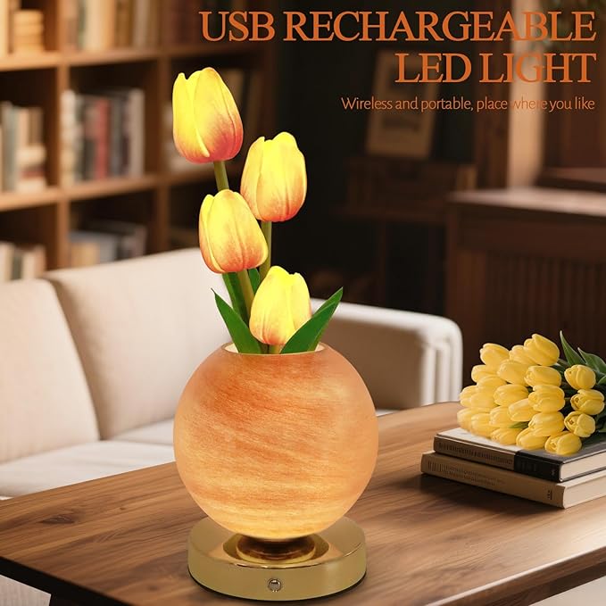 Tulip Table Lamp, Rechargeable Cordless Touch Dimming Artificial Tulip Flower Desk Lamp, LED Flower Bedside Night Light Romantic Gifts for Girl Women Mom (Orange)