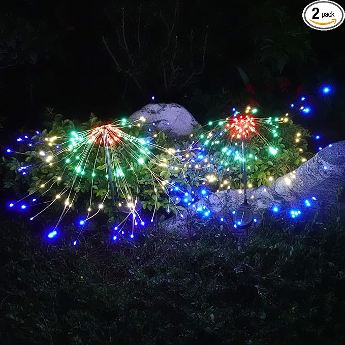 Solar Firework Lights Outdoor Waterproof 2Pcs 200 LED with 8 Modes DIY Stake Landscape Light for Outside Garden Yard Pathway Party Decor Christmas Decoration Solar Starburst Lights Colorful