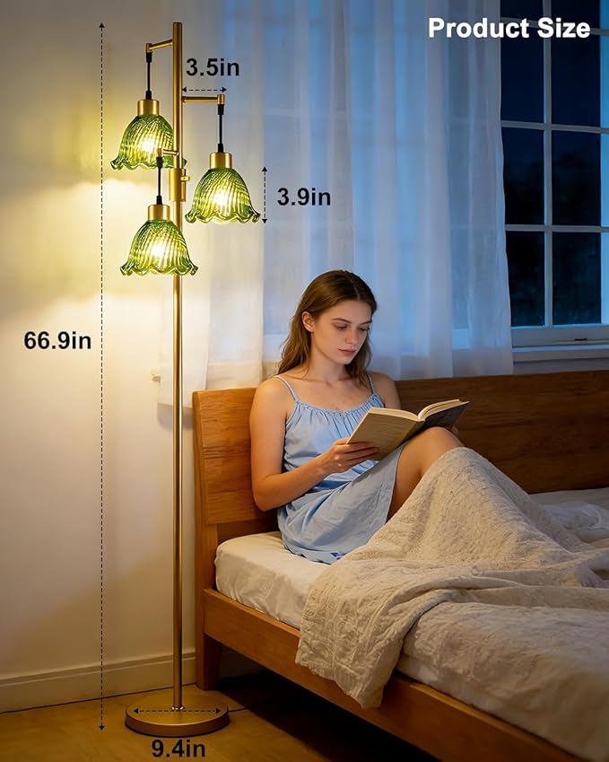 Glass Floor Lamps for Living Room, 3-Light Gold Dimmable Floor Lamp with Green Glass Shade& Bulbs Included, Mid Century Standing Tall Lamp for Bedroom/Sofa Beside/Corner Decor