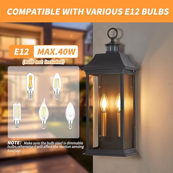 Dusk to Dawn Motion Sensor Outdoor Wall Lantern 2-Light,21.1" Large Exterior Wall Sconce Lighting,Modern Black Wall Light Fixture with Glass, Waterproof Exterior Lamp for Patio, House, Porch, Garage
