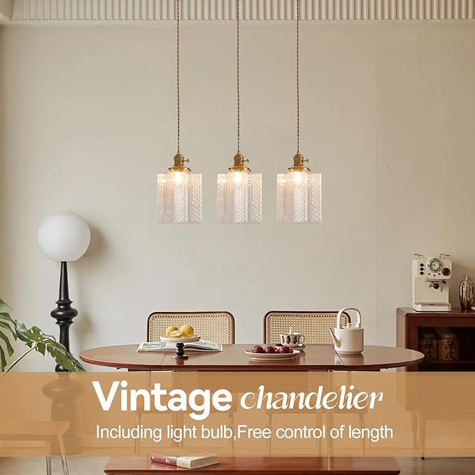 Hanging Lamp, 6.5 Inchs Cuboid Glass Lampshade Farmhouse Pendant Lights Kitchen Island 6.5ft Braided Light Cord Hanging Light for Bedroom Hallway Light Fixture with Light Bulb