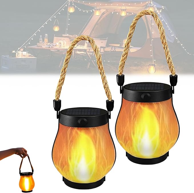 Dancing Flame Solar Lantern Outdoor Lights, Flickering Flame Hanging Lanterns with Magic Flames, Dual Charging (Solar & USB), Waterproof for Garden, Patio, Yard, Pathway (2 PCS)