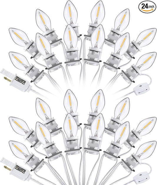 Meonum 2 Pack Accessory Cord with 24 LED Light Bulb, C7 Cord Clip Christmas Village Lights with Double Spare Fuse, Blow Mold String Decoration for Xmas Village House Pumpkin Crafts