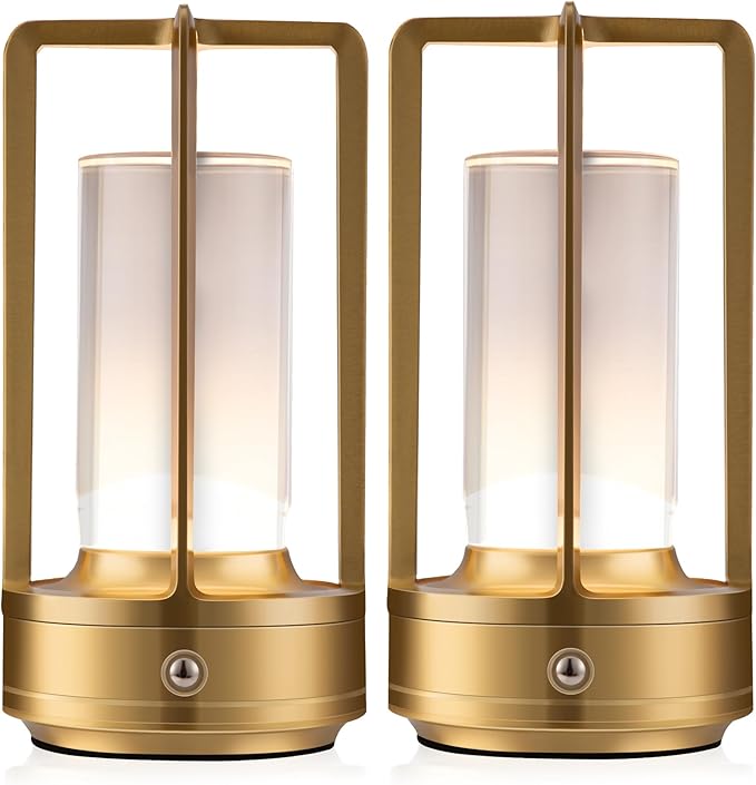 Portable Metal Table Lamp, Cordless Table Lamp, Rechargeable Battery Powered Portable LED Desk Lamp, 3 Color Stepless Dimming Touch, for Bedroom Restaurant Home Outdoor (2 Set of Gold)