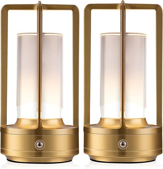 Portable Metal Table Lamp, Cordless Table Lamp, Rechargeable Battery Powered Portable LED Desk Lamp, 3 Color Stepless Dimming Touch, for Bedroom Restaurant Home Outdoor (2 Set of Gold)