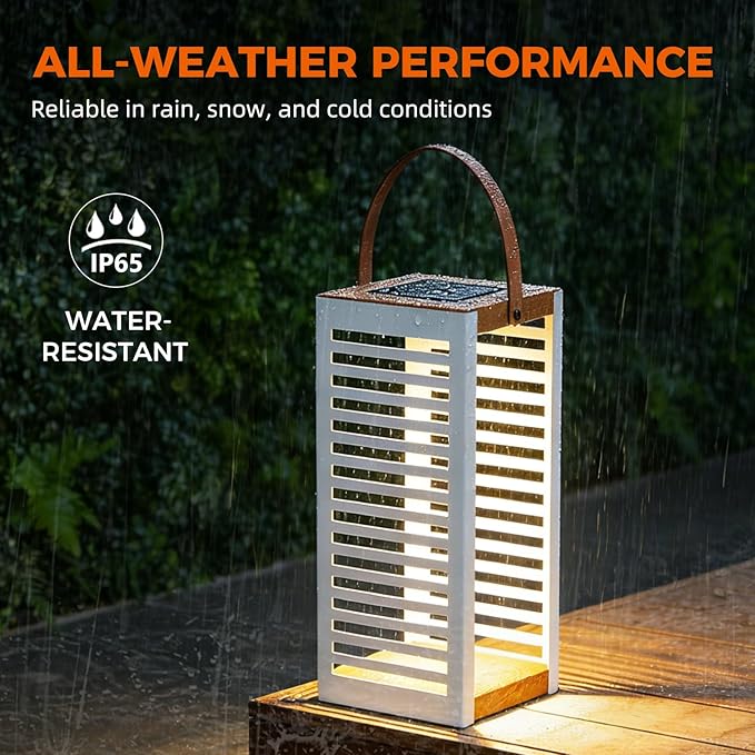 Solar Yard Outdoor Floor Lamp Solar Powered Light, Patio Waterproof Metal Solar Lantern with Handle, Plant Decor for Patio, Yard, Porch, Large White