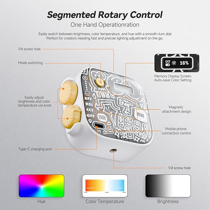 PHOTOOLEX Tofu Light, Magnetic RGB Video Camera Light, Portable Mini Panel Photography Lighting w Clip & Mini Tripod & Cold Shoe Mount, CRI 96+/2500-9900K/21 Scenes, for Selfie Video Conference Vlog