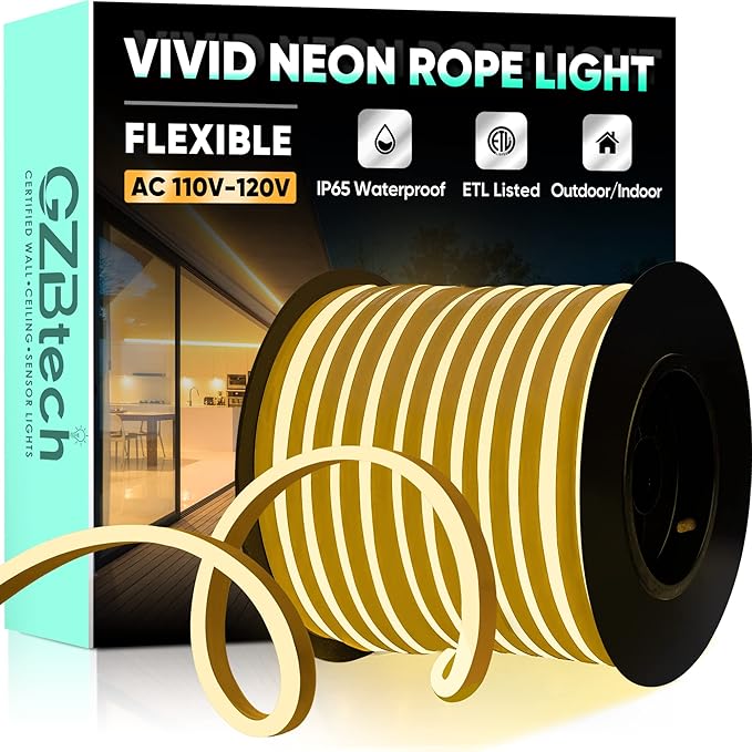 GZBtech Flexible LED Neon Rope Lights 132FT,AC 110-120V Waterproof Strip Light, 120 LEDs/M Cuttable Connectable Neon Lighting for Indoor Outdoor Home Decor/Commercial Use-Warm White 40M, ETL Listed