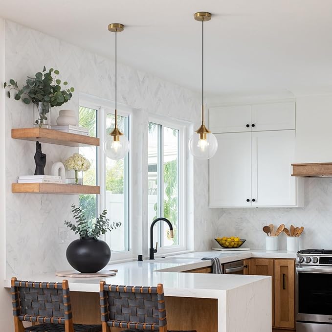 KCO Lighting Clear Globe Pendant Lights Kitchen Island Bubble Glass Pendant Lighting Gold Hanging Light Fixture Mid Century Modern Hanging Lamp for Living Room Dining Room