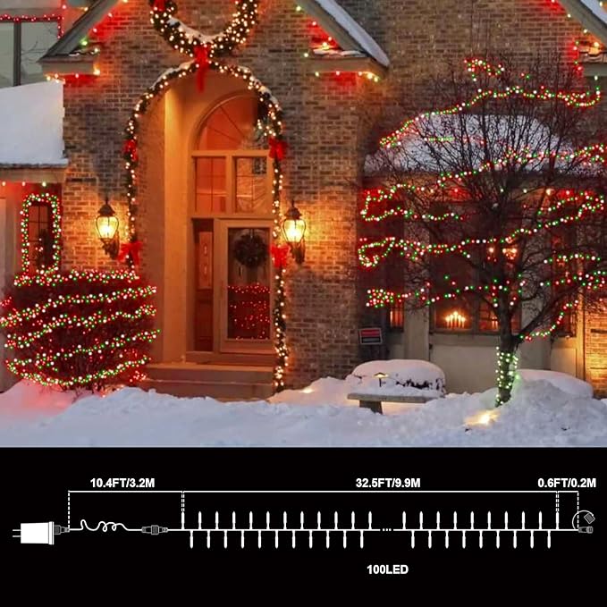 LAMPHOME Red Green White Christmas Mini Lights, 32.5FT 100 LED Clear Bulbs String Lights with 16 Light Modes, Fairy Lights Plug in for Outdoor Xmas Trees Garland Wreath Holiday Decorations