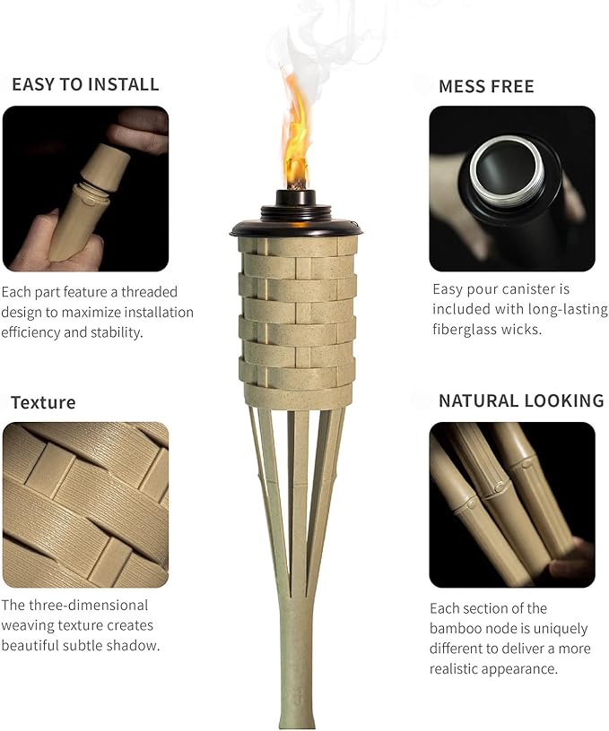 ONETHATCH Bamboo Torches, Outdoor Citronella Torch (Weathered Color, 4pack); Large Patio Torch, Great for Tropical Decor, Lighting, and Luau Party; Easy Refill Wide-Mouth Canister, Stands 60" Tall