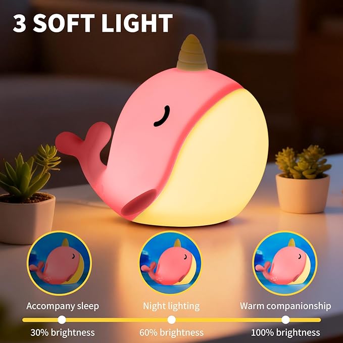 Cute Narwhal Night Light, Tap Control with 3 Warm White Brightness, USB Kids Bed Lamp with 30-Minute Timer, Soft Silicone Glow for Nursery, Birthday Gift (Pink Narwhal)