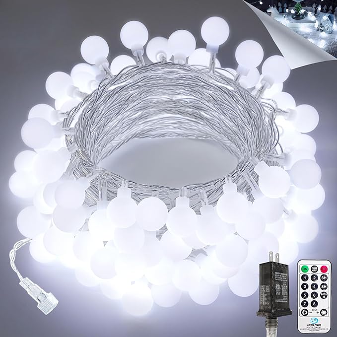 100LED Connectable String Lights Indoor Outdoor for Bedroom, 43ft White Globe Lights Plug in with Remote & Timer, 8 Lighting Modes Waterproof Fairy Light for Room Classroom Wedding Christmas Decor