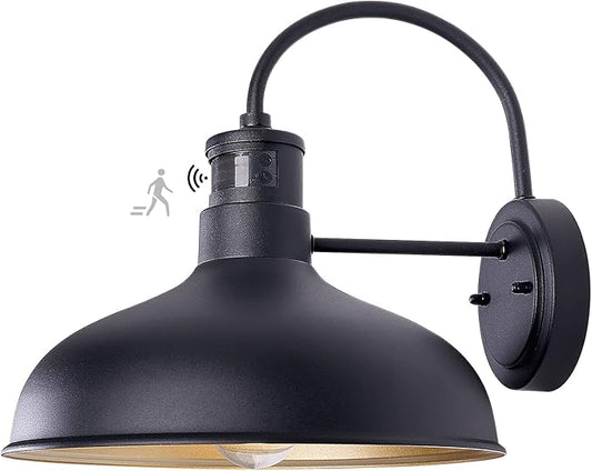 12in Exterior Barn Light Motion Sensor Black Outdoor Gooseneck Lighting Wall Mount Dusk to Dawn Farmhouse Style Outside Porch Light Fixture Outdoor Garage Barn Door Light for House