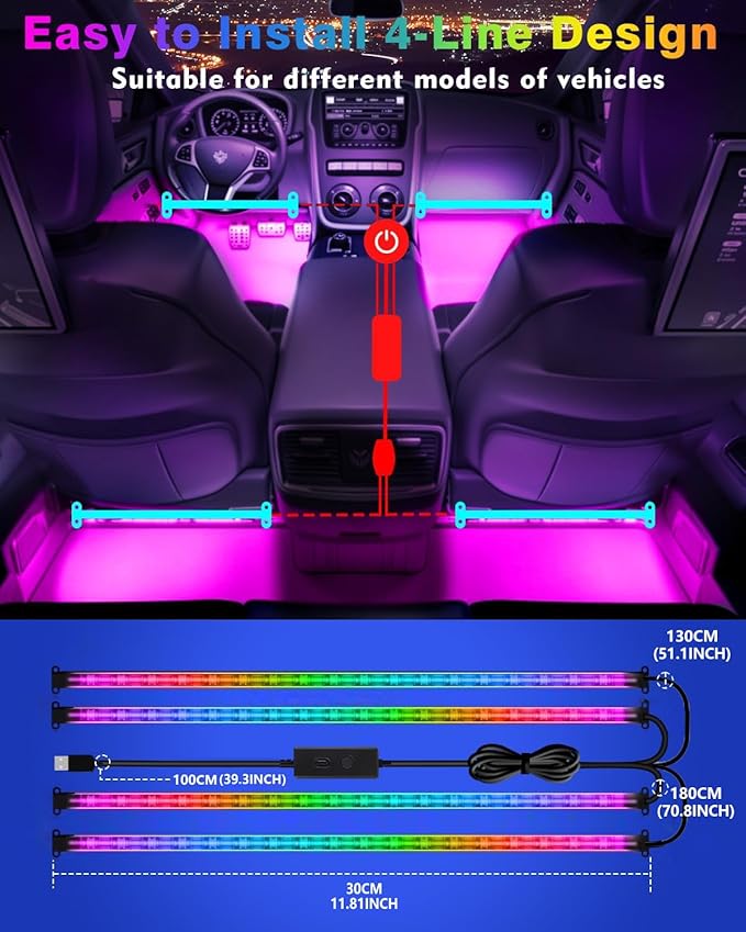 72LED USB Interior Strip Lights Dream Color RGB-IC 12V DC with App RF Remote Control Multicolor Footwell Under Dash Chasing Inside Light Kits Music Sync Mode for Cars Truck ATV UTV with Car Charger