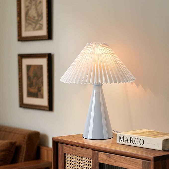 Light Blue Small Table Lamp, Cute Table Lamp, Pleated Table Lamp,Light Blue Bedroom Lamps for Nightstand, Small Scalloped Lamp Shade Table Lamps for Small Spaces for Bedroom,Living Room