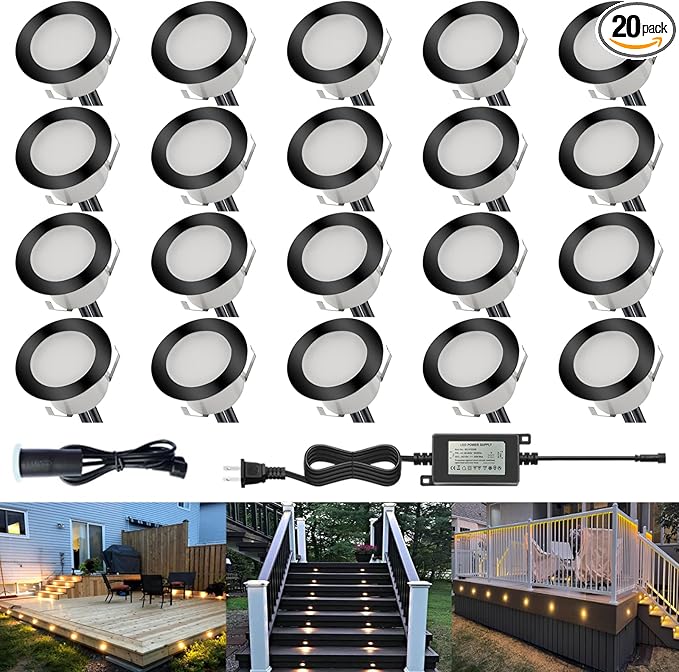 LED Outdoor Deck Lights Kits with Photocell, Φ1.77in Warm White 20 Pack Black, Low Voltage 12 Volt IP67 Waterproof, Electric Wired Recessed Stair Step Riser Landscape Lighting for Exterior Yard