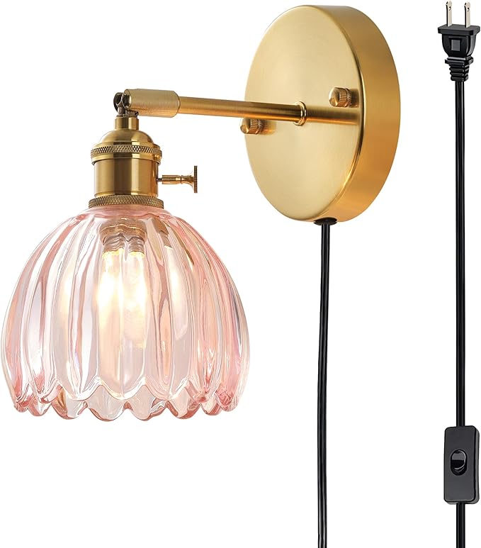 Plug in and Hardwired Wall Sconces, Luxury Vintage Tulip Crystal Glass Shade Wall Light with Switch for Bedside Bedroom Living Room (Tulip-Pink, 1)