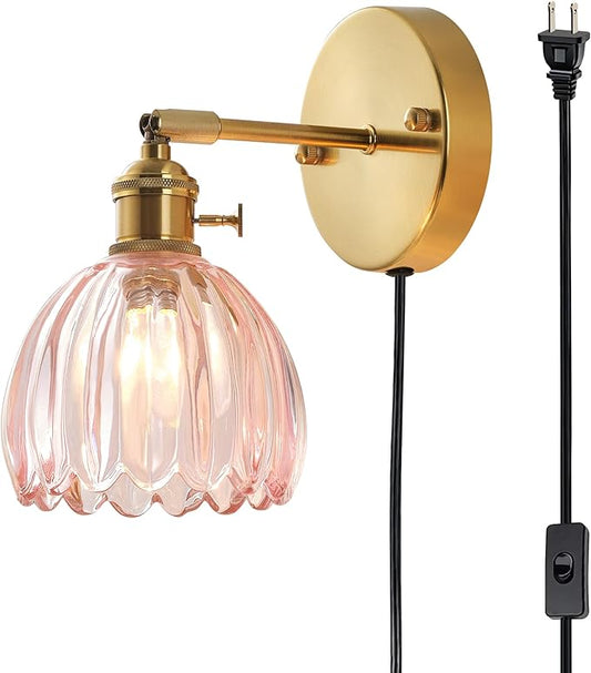 Plug in and Hardwired Wall Sconces, Luxury Vintage Tulip Crystal Glass Shade Wall Light with Switch for Bedside Bedroom Living Room (Tulip-Pink, 1)