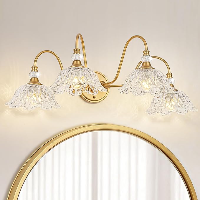 Vintage Matte Brass Finish Bathroom Vanity Light, 4-Light Vanity Light with Floral Glass Shades, Retro Wall Mount Lighting for Bathroom, Dressing Table