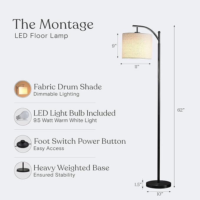 Brightech Montage LED Floor Lamp – Modern Floor Light for Living Rooms & Office, with Arc Hanging Shade – Standing Lamp for Bedroom Reading, Mid-Century Pole Lamp for Farmhouse Style - Black