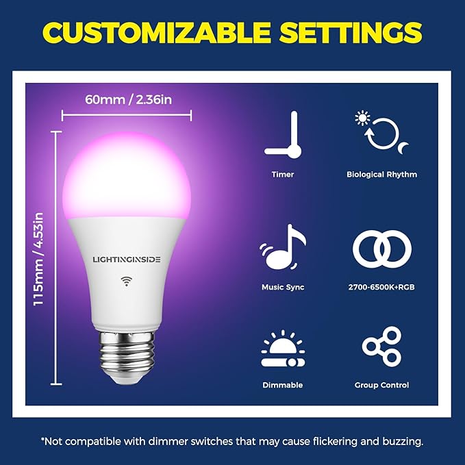 Lightinginside Smart Light Bulbs 100W Equiv., 1350LM 11W Smart Bulb Works with Alexa/Google Home/SmartLife, A19 E26 RGBCW Color Changing, No Hub Required, 2.4G WiFi Bluetooth Bulb, ETL Listed, 4PCS