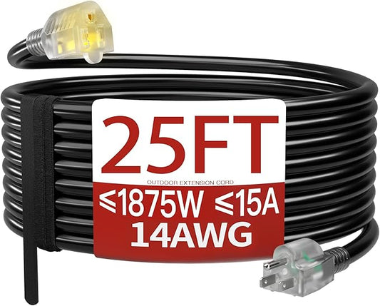 25 FT 14/3 Extension Cord Outdoor, Heavy Duty Weatherproof & Flame Retardant Black 3 Prong Power Cord with Light, Outside for Lawn & Garden, 15 Amps 1875 Watts 125 VAC 14AWG SJTW, ETL Listed