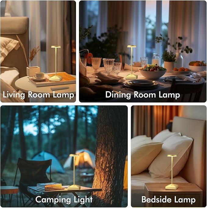 3 Pack 7.67in Gold Small Cordless Table Lamps Rechargeable, Battery Operated Mini Lamp, Small Lamp Touch Portable Table Lights, LED Night Light for Bedside/Dining/Bar/Outdoor (Gold-C)