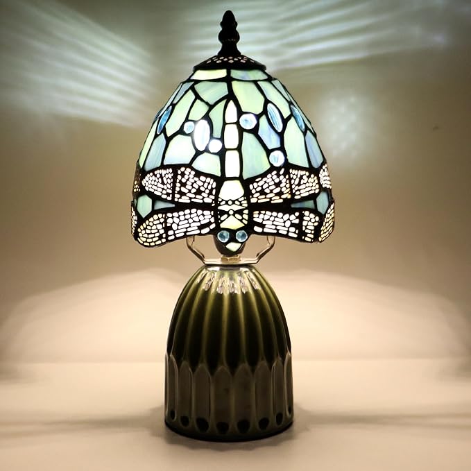 Tiffany Lamp Stained Glass Mushroom Table Lamps 6X6X12.5 Inch Sea Blue Dragonfly Style Small Night Light Ceramic Base Mini Accent Desk Light Suitable for Bedside Table Bedroom Children Room