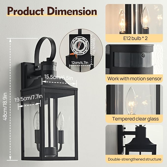 18.9" Black Motion Sensor Outdoor Wall Lantern, 2-Light Industrial Porch Light with Clear Glass Waterproof Exterior Light Fixture Sconce for Outside Porch, Patio, and Garage (1 Pack)