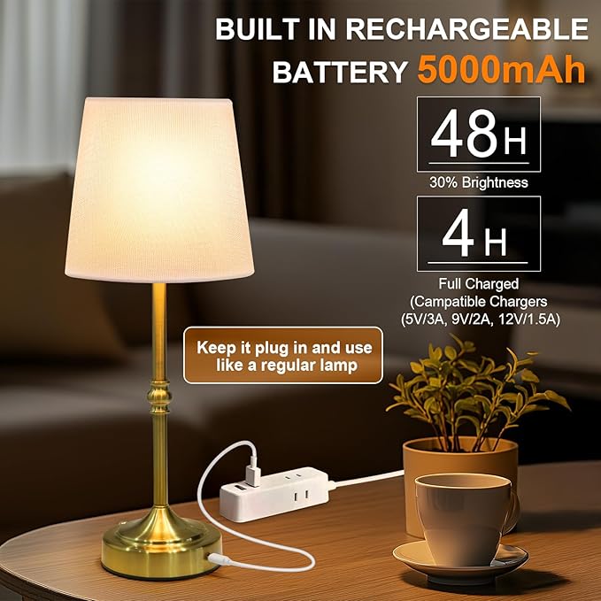 2 Pack Rechargeable Cordless Table Lamp, 5000mAh Battery Operated Lamps, Wireless 3-Level Dimmable Touch Lamp, Portable Night Bedside Brass Lamp, Desk Light for Patio Restaurant Dinnin (Gold)