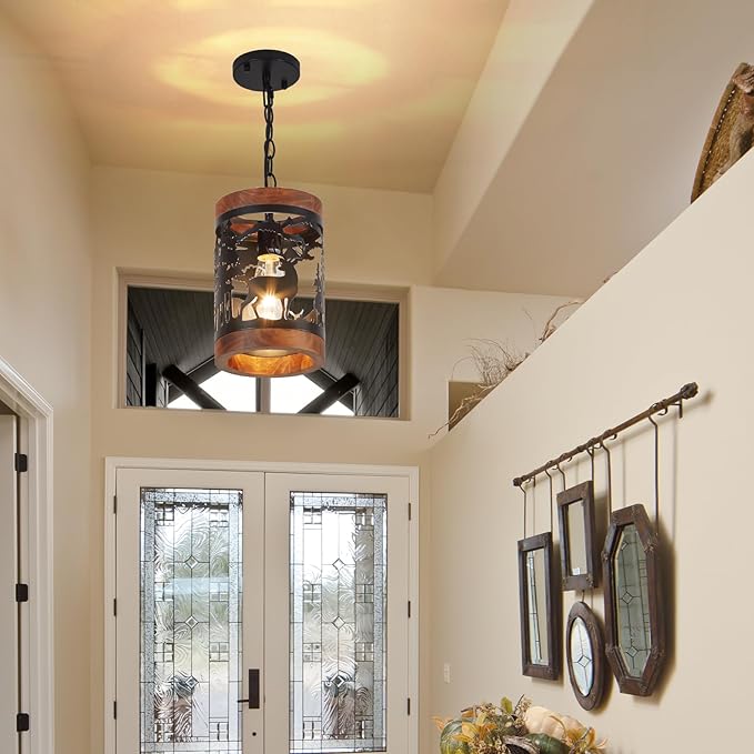 Rustic Deer Pendant Light, 1-Light Farmhouse Wood and Metal Cage Chandelier, Adjustable Hanging Ceiling Fixture for Kitchen Island, Hallway, Bar, Dining Room, Foyer, or Bedroom, (No Bulb Included)