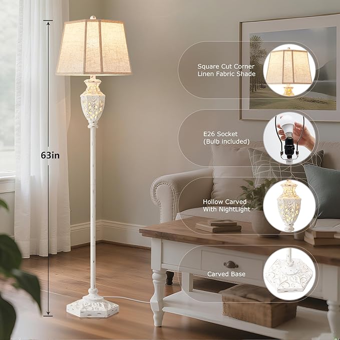 Luvkczc Rustic Floor Lamp - Resin Carved Base with Hollow Night Light, Farmhouse Floor Lamps, Vintage Standing Lamp for Living Room, Bedroom (Includes Bulb)