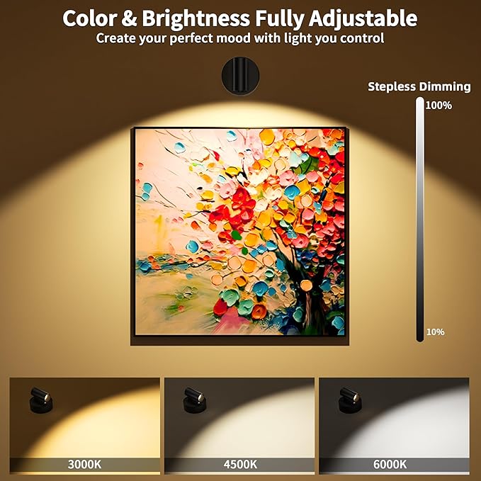 GORDNWE LED Rechargeable Spotlight Indoor, Battery Operated Spot Lights with Remote Control & Timer, Small Dimmable Wireless Wall Lamp Accent Lighting for Pictures Plant Artwork Reading Black 2 Pack