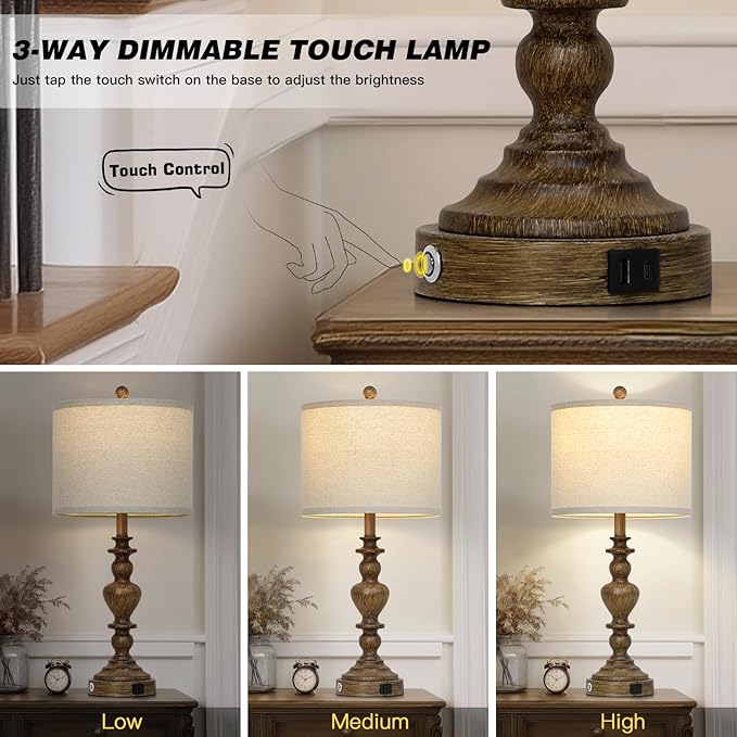 27" Vintage Table Lamps Set of 2, Farmhouse Resin Bedside Lamp with USB C+A Ports & AC Outlet, 3-Way Dimmable Touch Control Lamps for Living Room Bedroom Nightstand Antique Brown Washed Wooden Finish