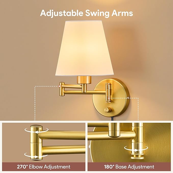 VONLUCE Swing Arm Wall Lamp, Plug in & Hardwired Wall Sconce, Adjustable Wall Mounted Lighting Fixture, Modern Wall Light with Golden Base White Fabric Shade for Bedside, Hallway, Reading