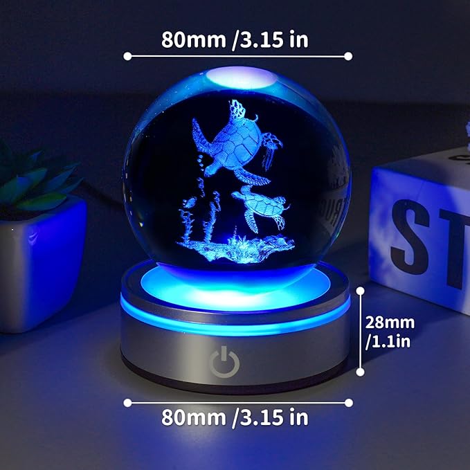 3D Sea Turtle Crystal Ball Night Light with LED Colorful Lighting Touch Base 3.15 in Sea Turtle Glass Sphere Lamp for Birthday Christmas, Cool Turtle Figurine Home Decor Gift for Women Men Kids